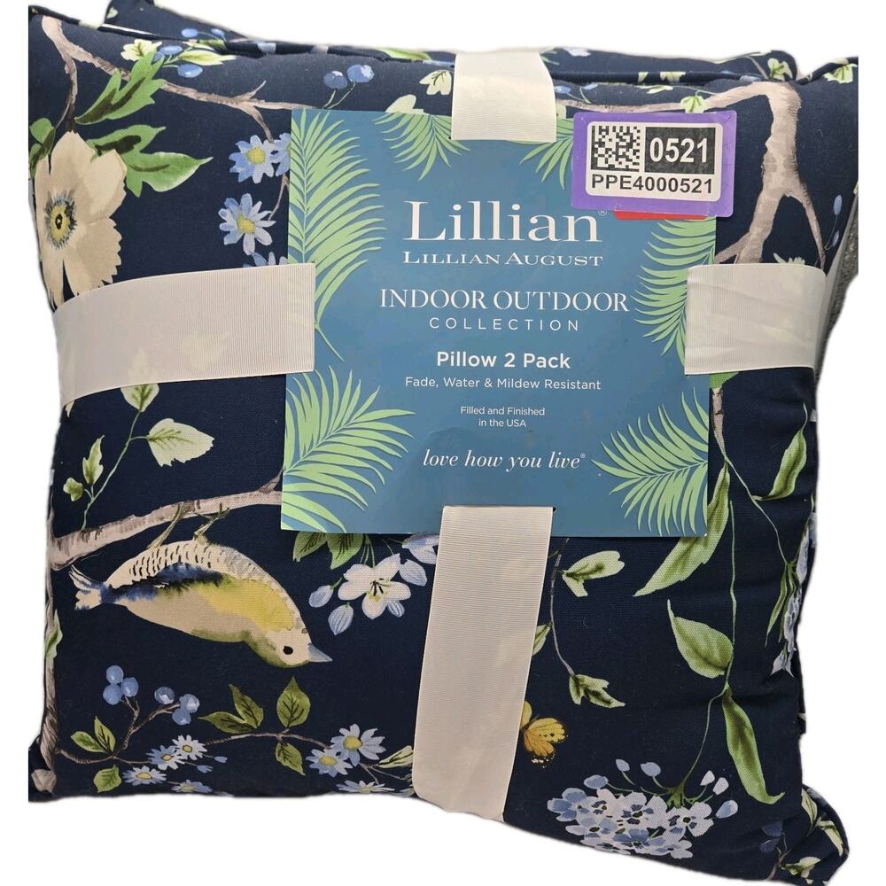 Lillian August 2pc Indoor Outdoor Set 19x19" Blue Floral Bird NEW Cottage Farmho